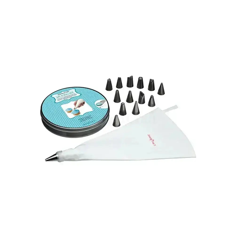 Baking set with piping tips, bag, and tin on a white background
