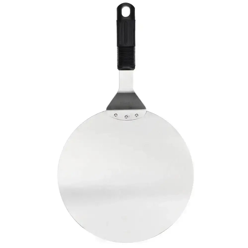 White cake lifter with a black handle on a white background