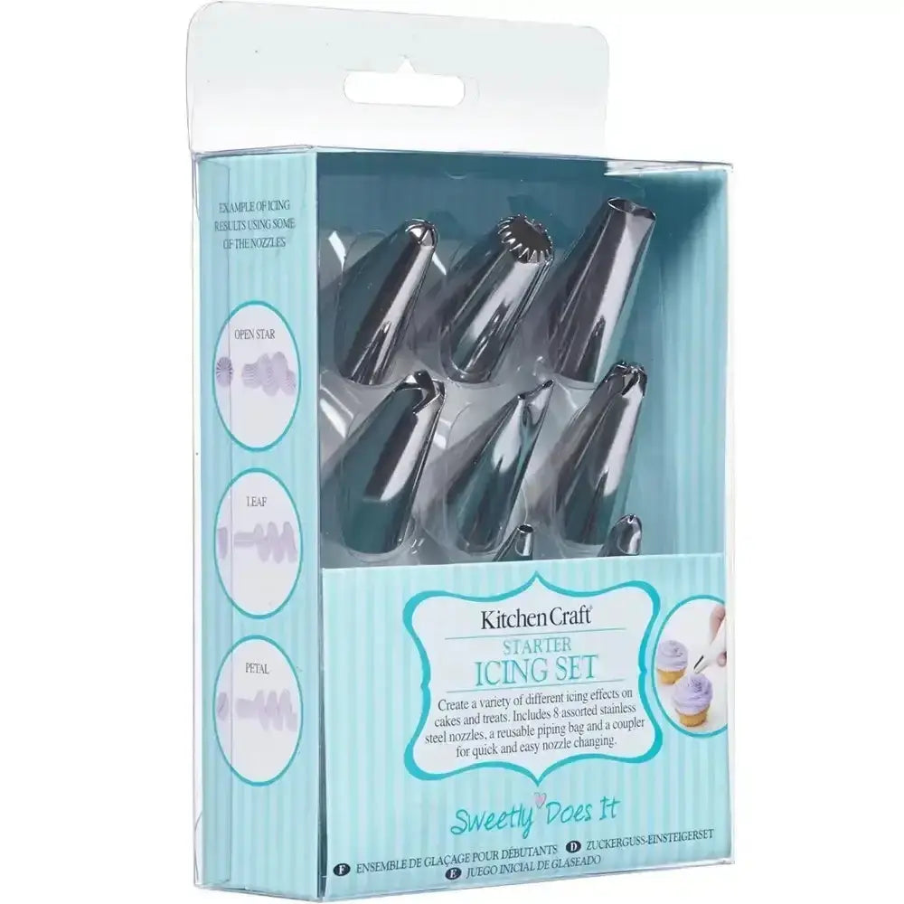 Packaged set of Kitchen Craft icing tips with a light blue background
