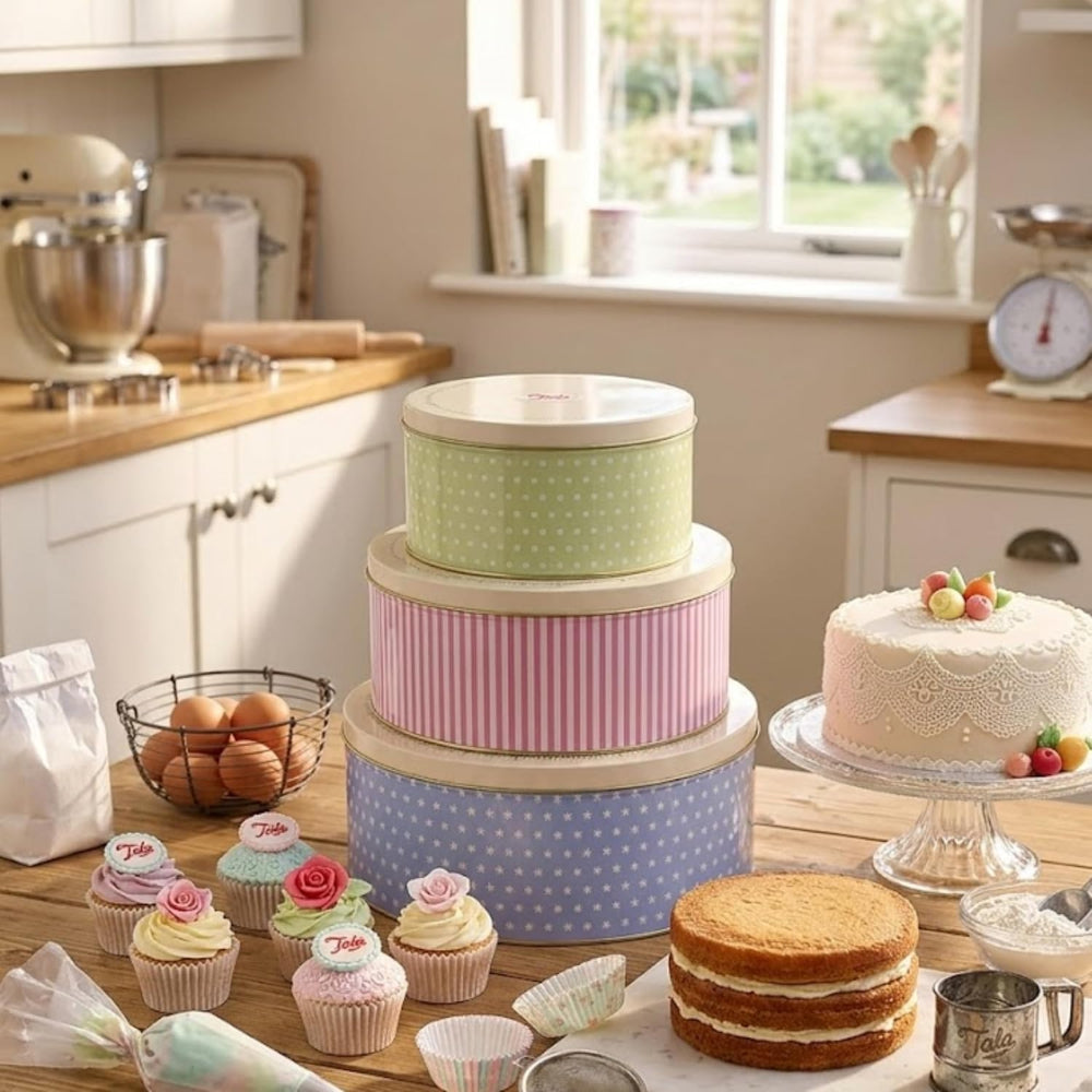 Set of pastel-colored cake tins in a kitchen setting with cakes and cupcakes.