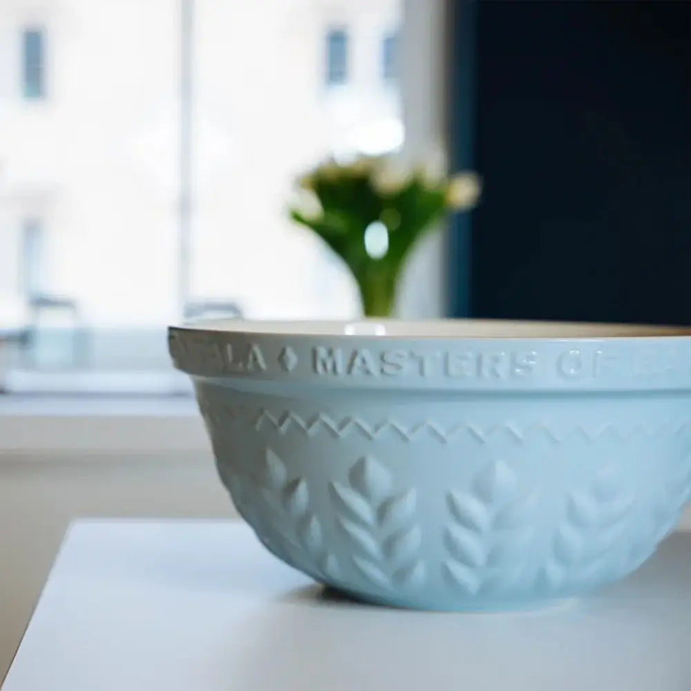 Light blue mixing bowl with 'Masters of' branding on a kitchen counter.