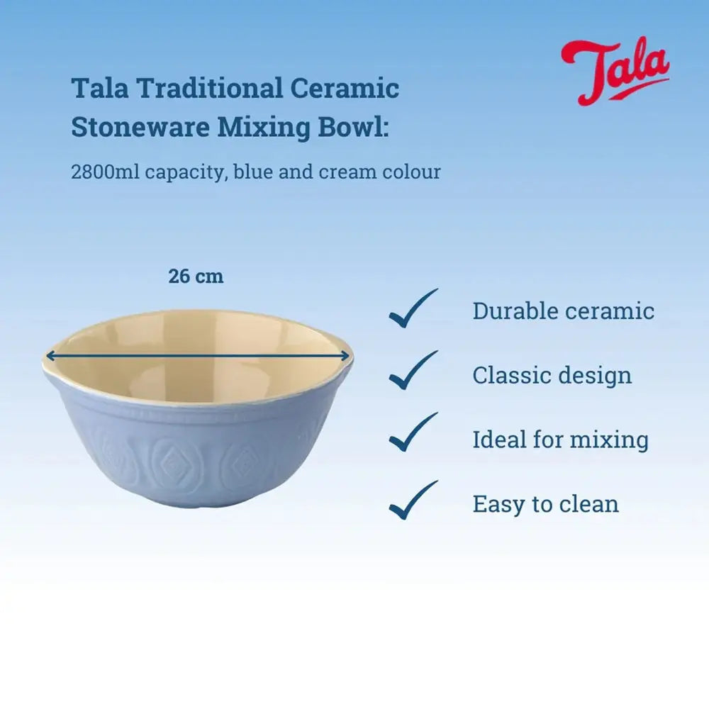 Tala Traditional Ceramic Stoneware Mixing Bowl with product details on a blue background