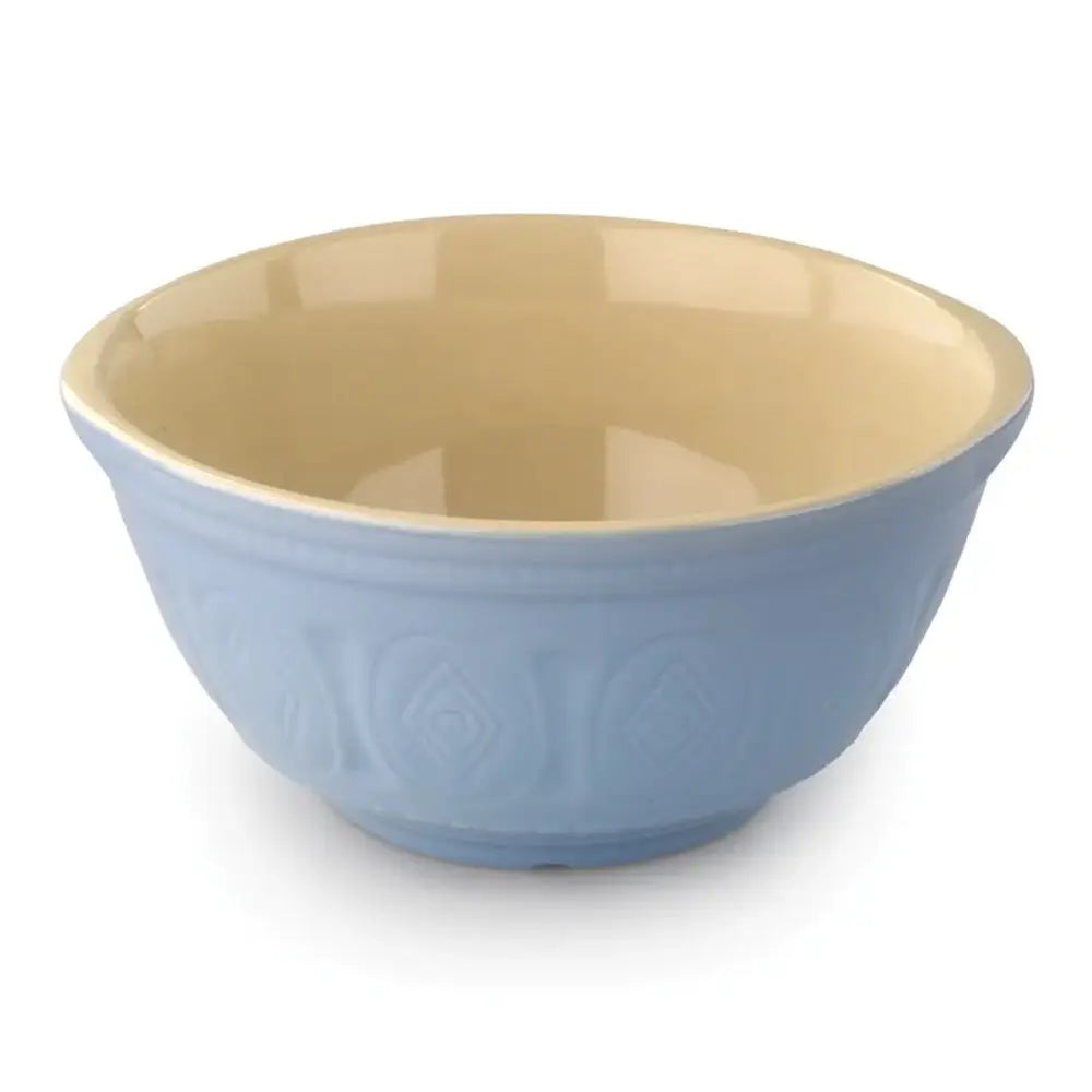 Two-tone blue and beige bowl on a white background
