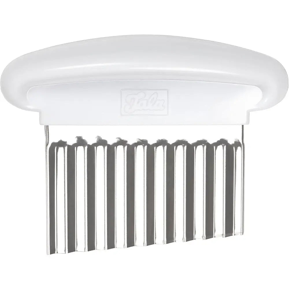 White plastic-handled tala stainless steel crinkle chip cutter with evenly spaced stainless steel crinkle blades