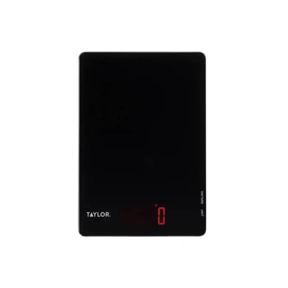 Black digital kitchen scale with digital display on a white background