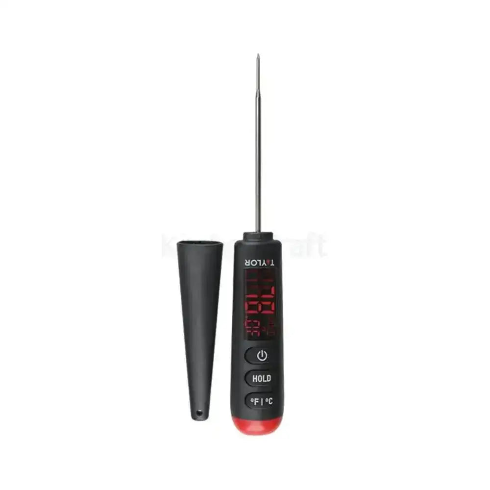 Black digital thermometer with red display on a white background