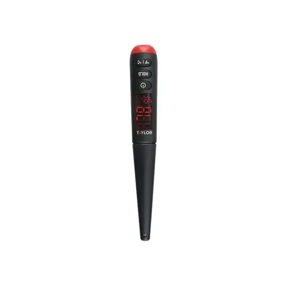 Black digital thermometer with red display on a white background