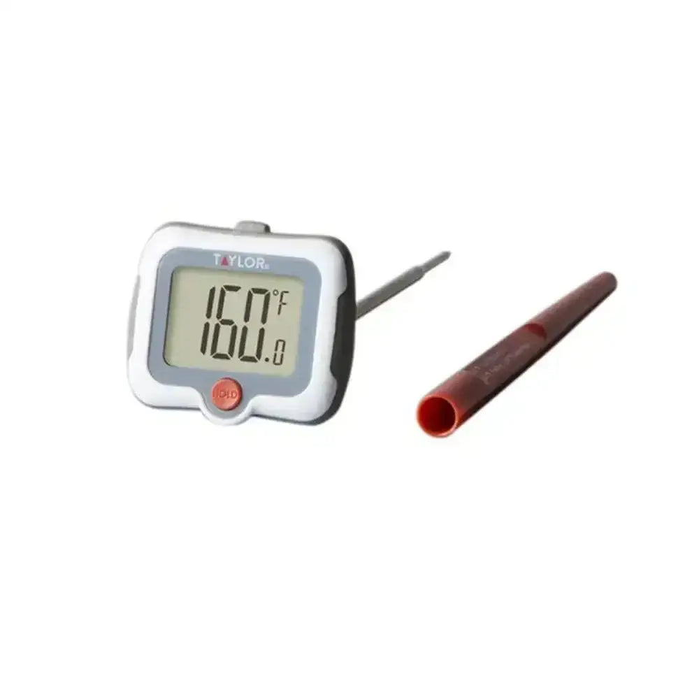 Digital thermometer with a probe on a white background