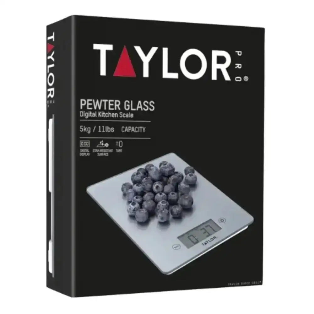 Taylor digital kitchen scale packaging with blueberries on a white background