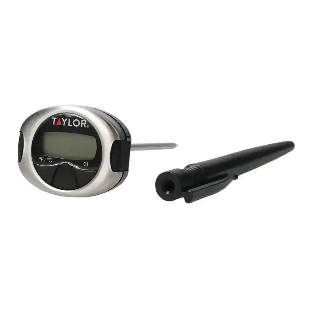Digital kitchen thermometer with stainless steel probe and black protective sheath