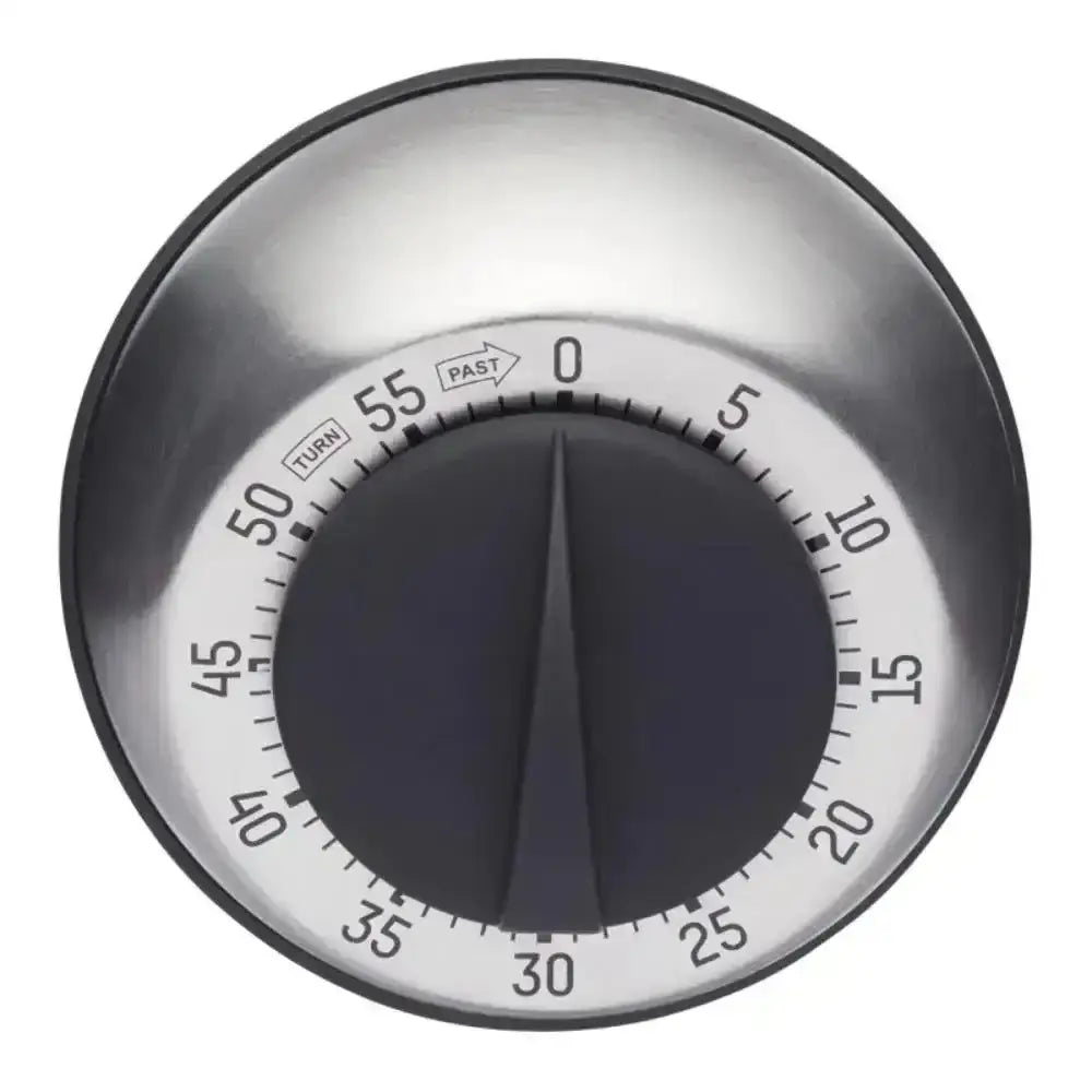 Stainless steel kitchen timer on a white background