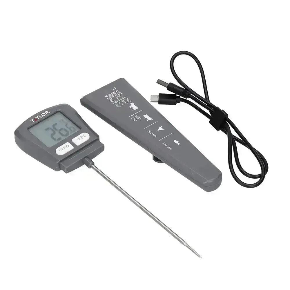 USB rechargeable digital meat thermometer with probe, cover, and charging cable on white background