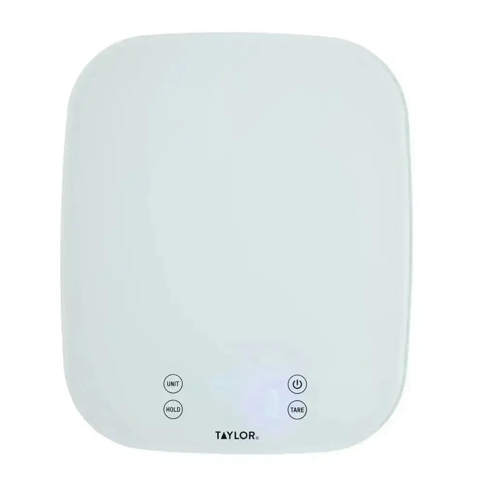 White taylor pro waterproof digital dual kitchen scale with rounded edges and four control buttons up to 14kg