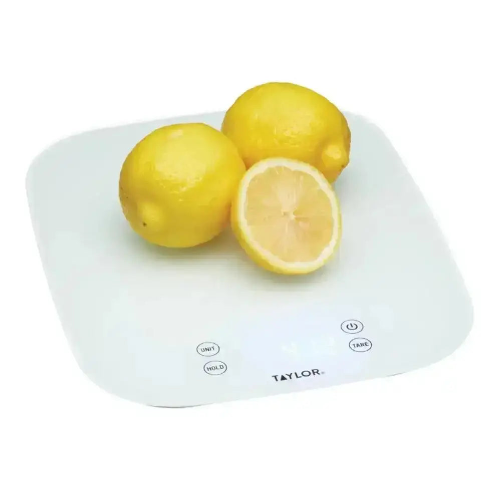 White taylor pro waterproof digital dual kitchen scale with rounded corners and three control buttons, 14kg capacity
