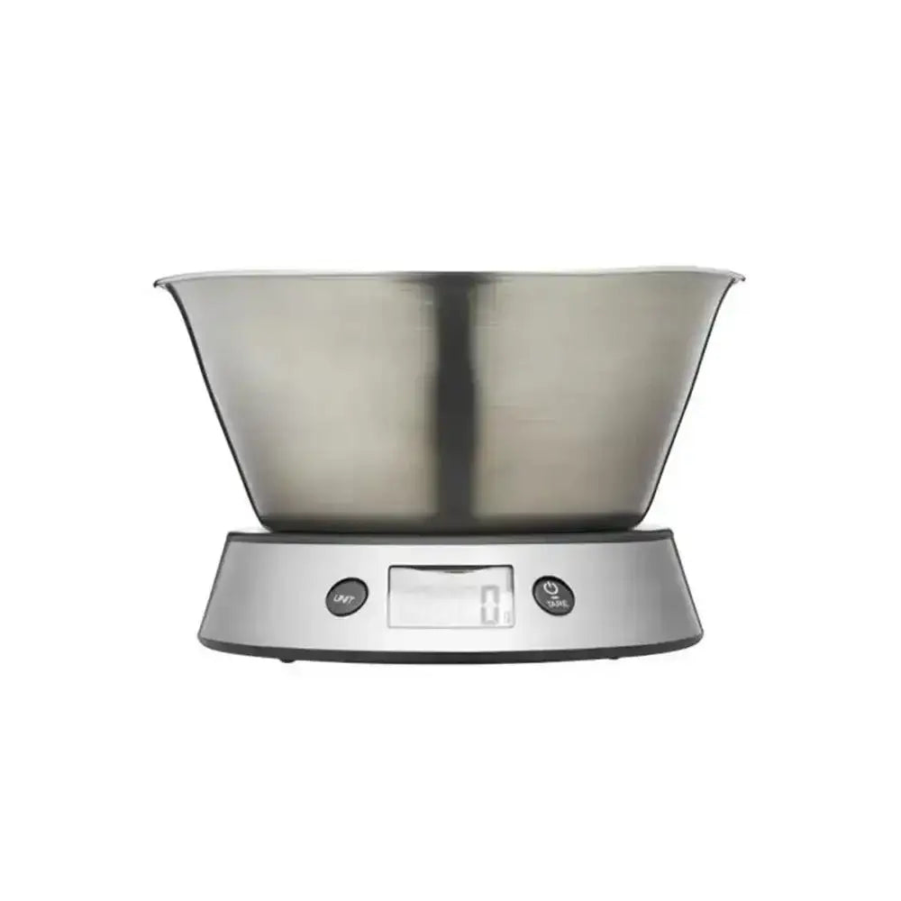 Digital kitchen scale with a stainless steel bowl on a white background