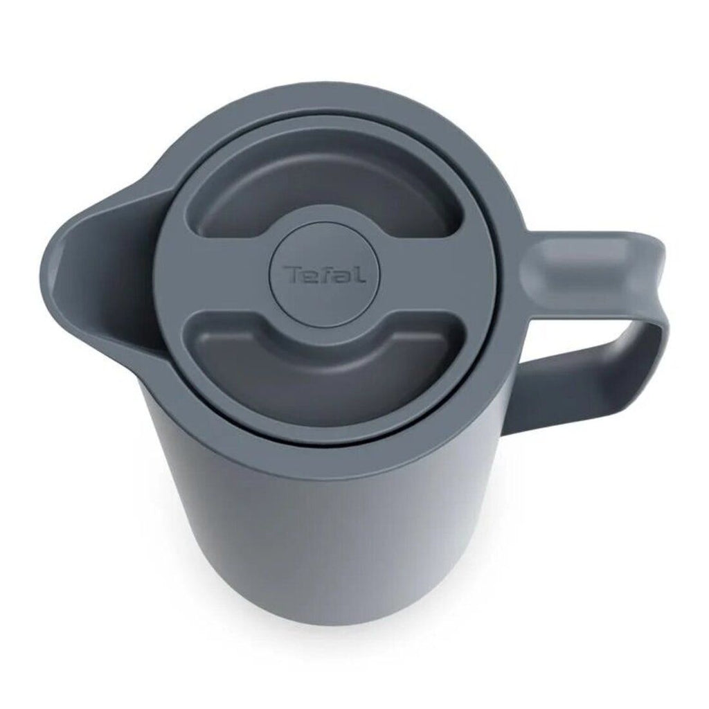 Gray pitcher with a lid on a white background, featuring the Tefal logo.