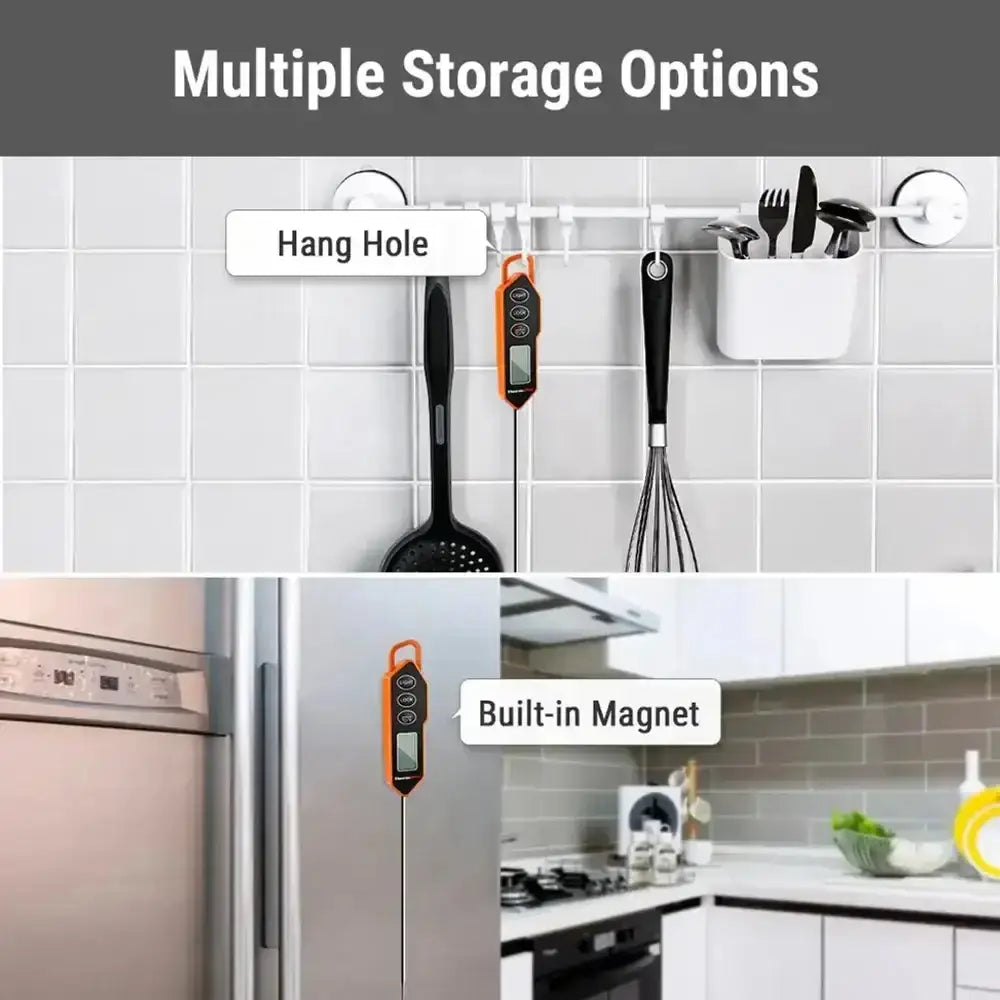 Digital instant-read food thermometer with hang hole and built-in magnet shown in kitchen settings.
