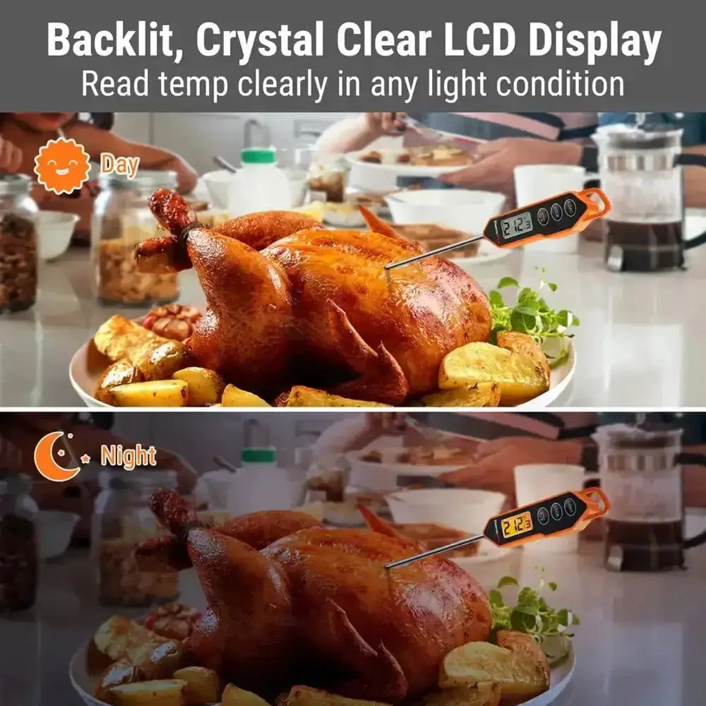 Digital meat thermometer inserted in roast chicken, LCD display readable day and night