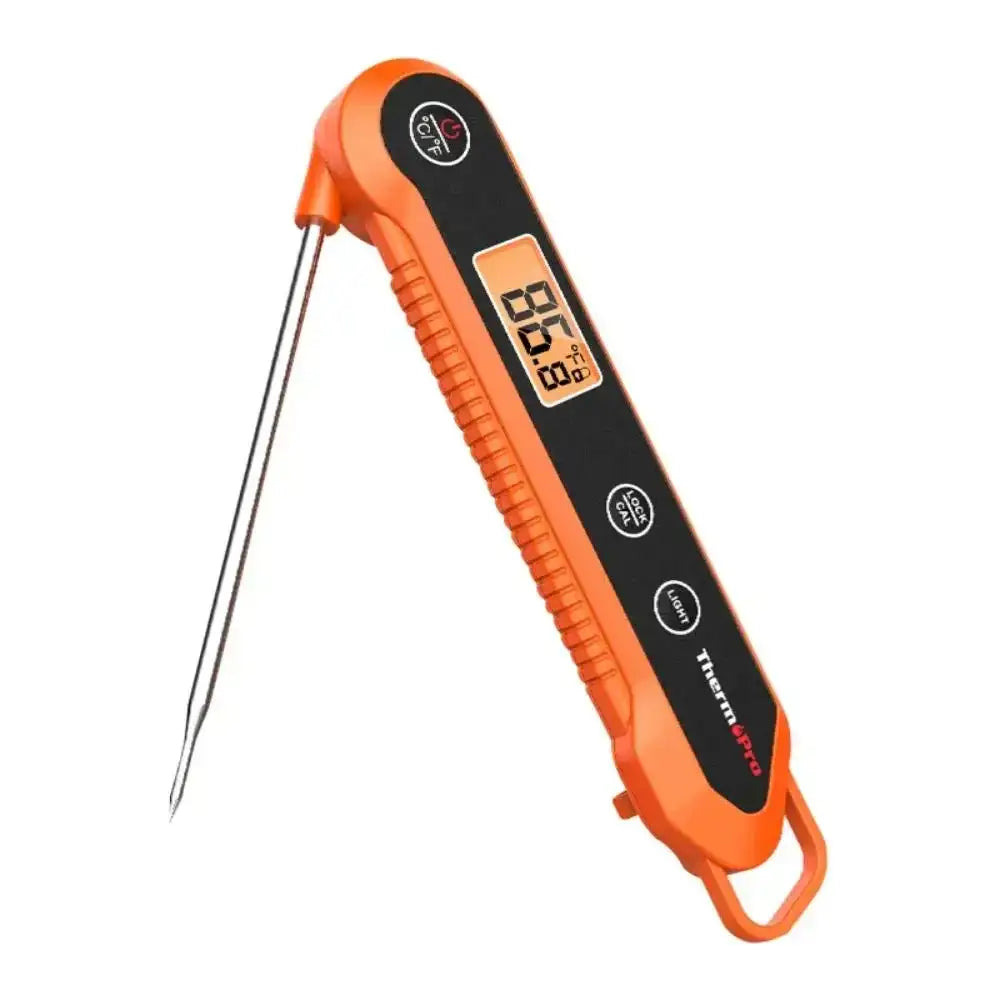 Orange digital thermometer with a white background