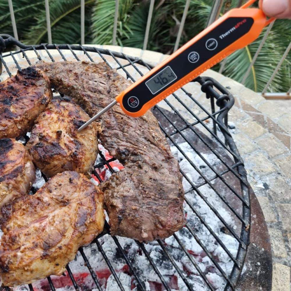 Thermometer probe inserted into a piece of meat on a grill