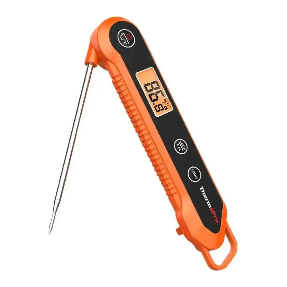 Orange digital thermometer with a white background