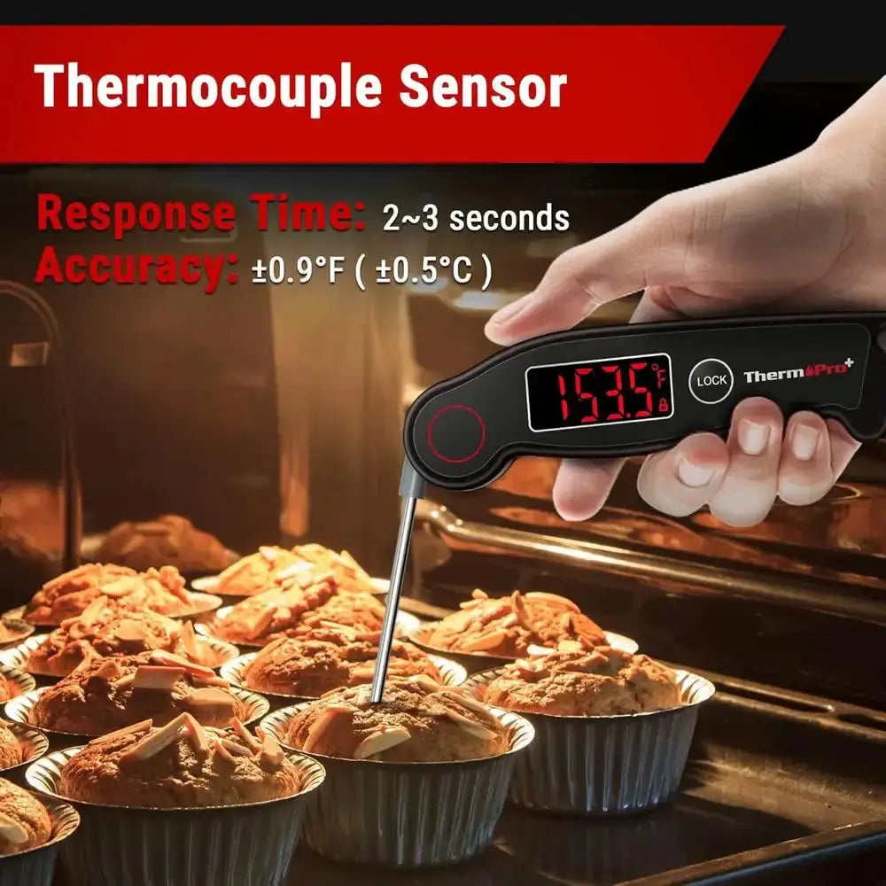 Thermocouple sensor being used to check the temperature of baked goods in an oven.