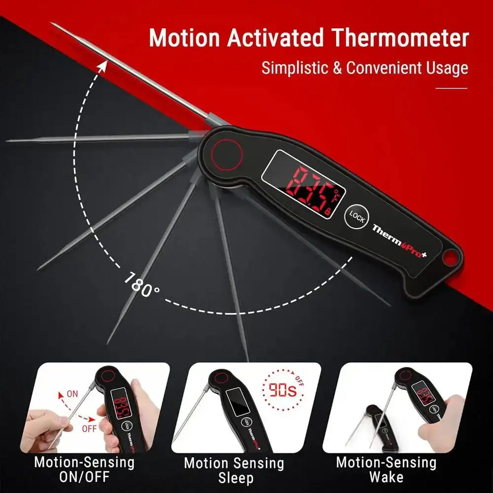 Motion activated thermometer with digital display on a red and black background
