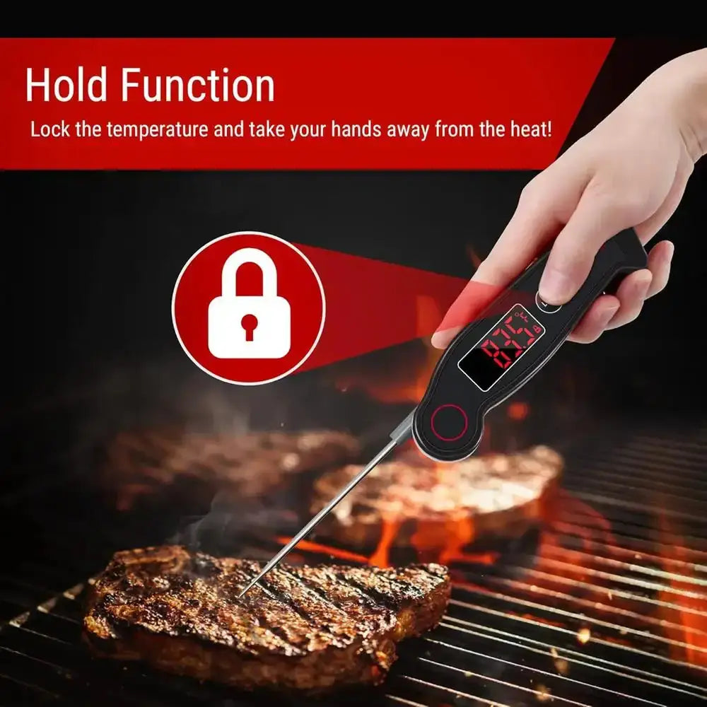 Digital thermometer inserted into a steak on a grill with text about the 'Hold Function'.