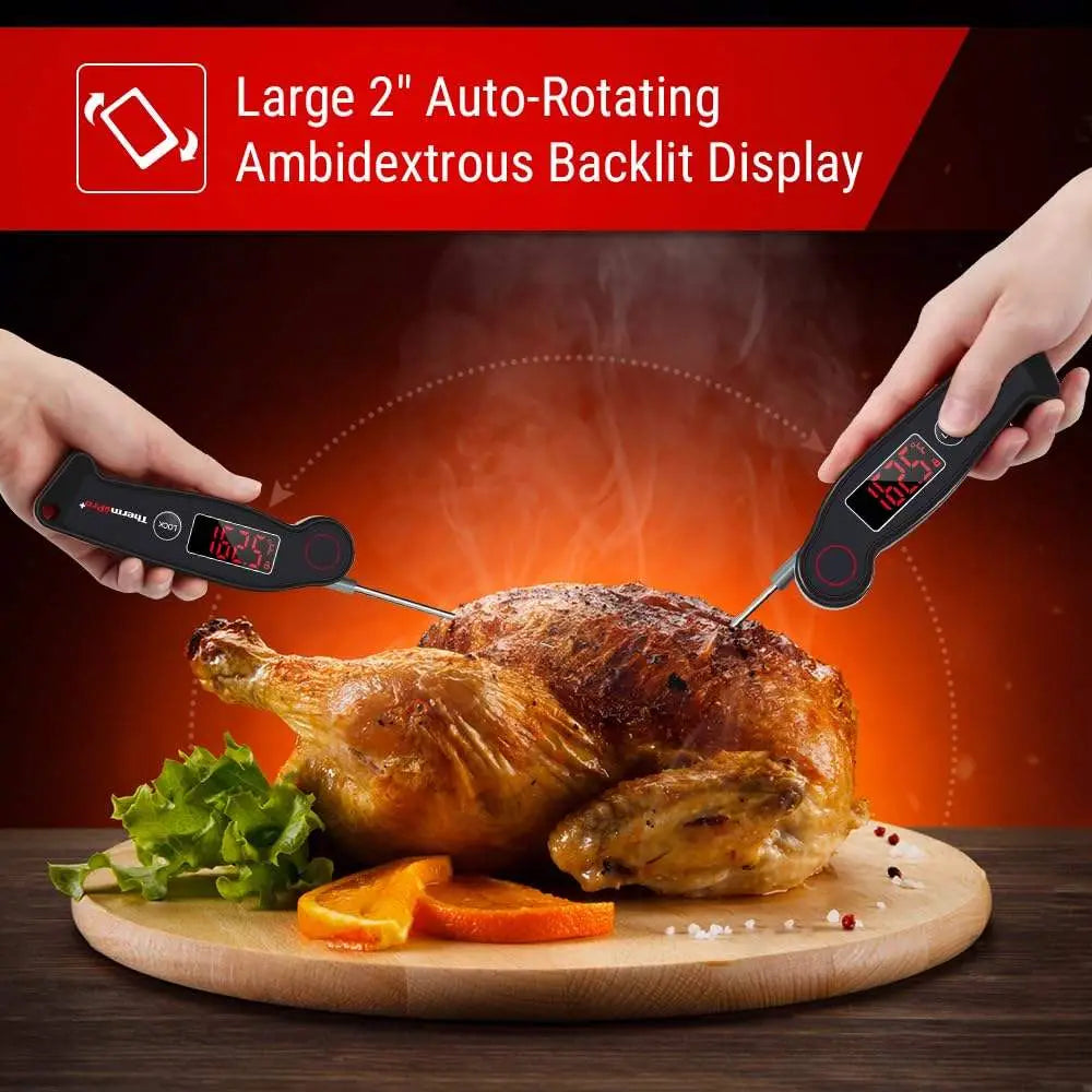 Digital meat thermometer being used to check the temperature of a roasted chicken with a red banner displaying product features.