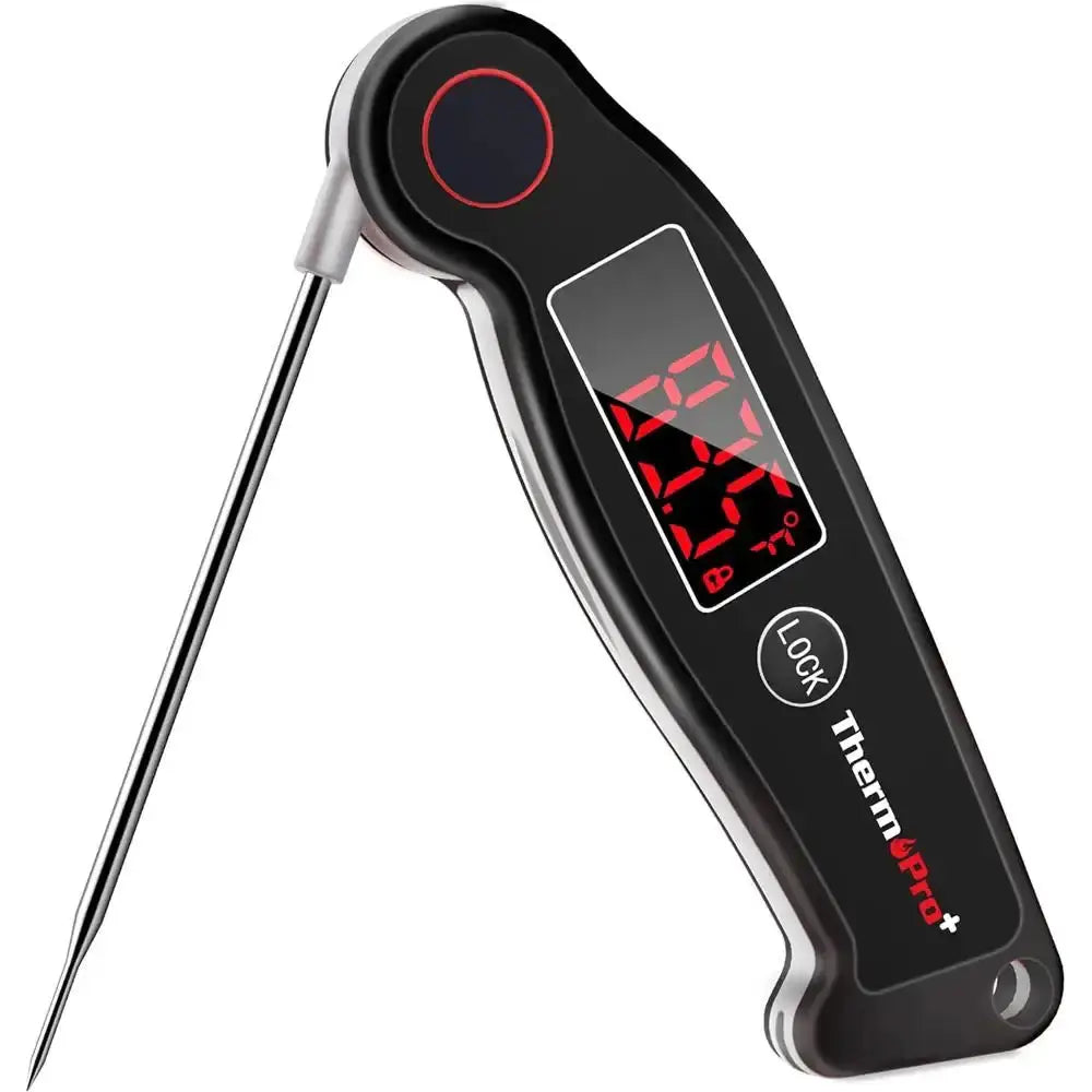 Digital thermometer with a probe on a white background