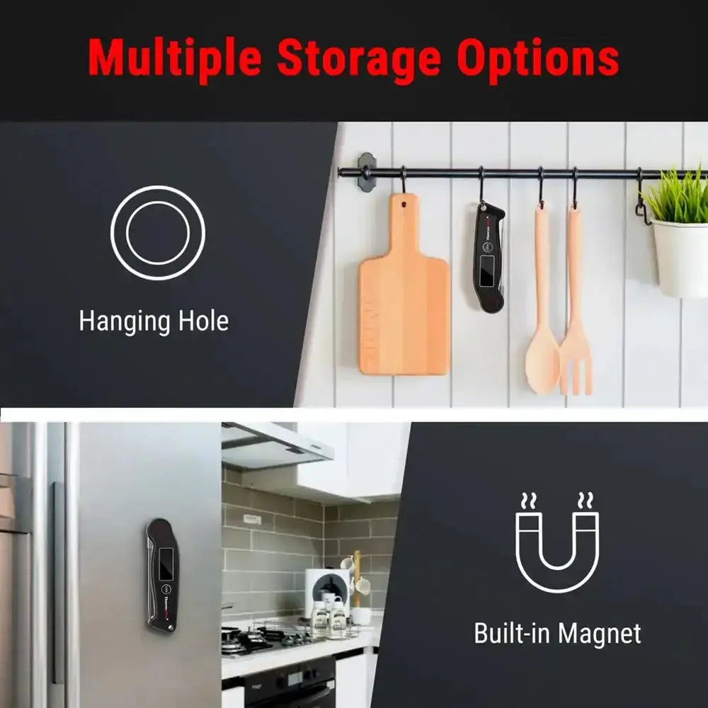 Kitchen storage solution with hanging hole and built-in magnet features.