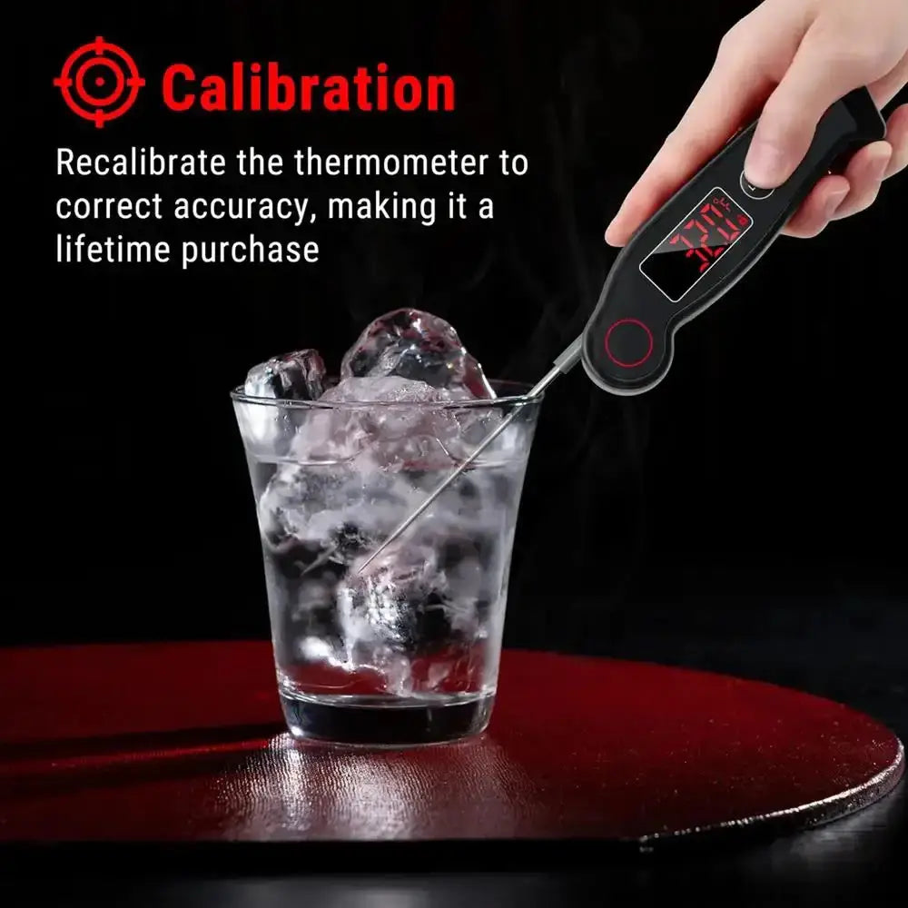 Digital thermometer being used to check the temperature of a glass with ice, with text about calibration.
