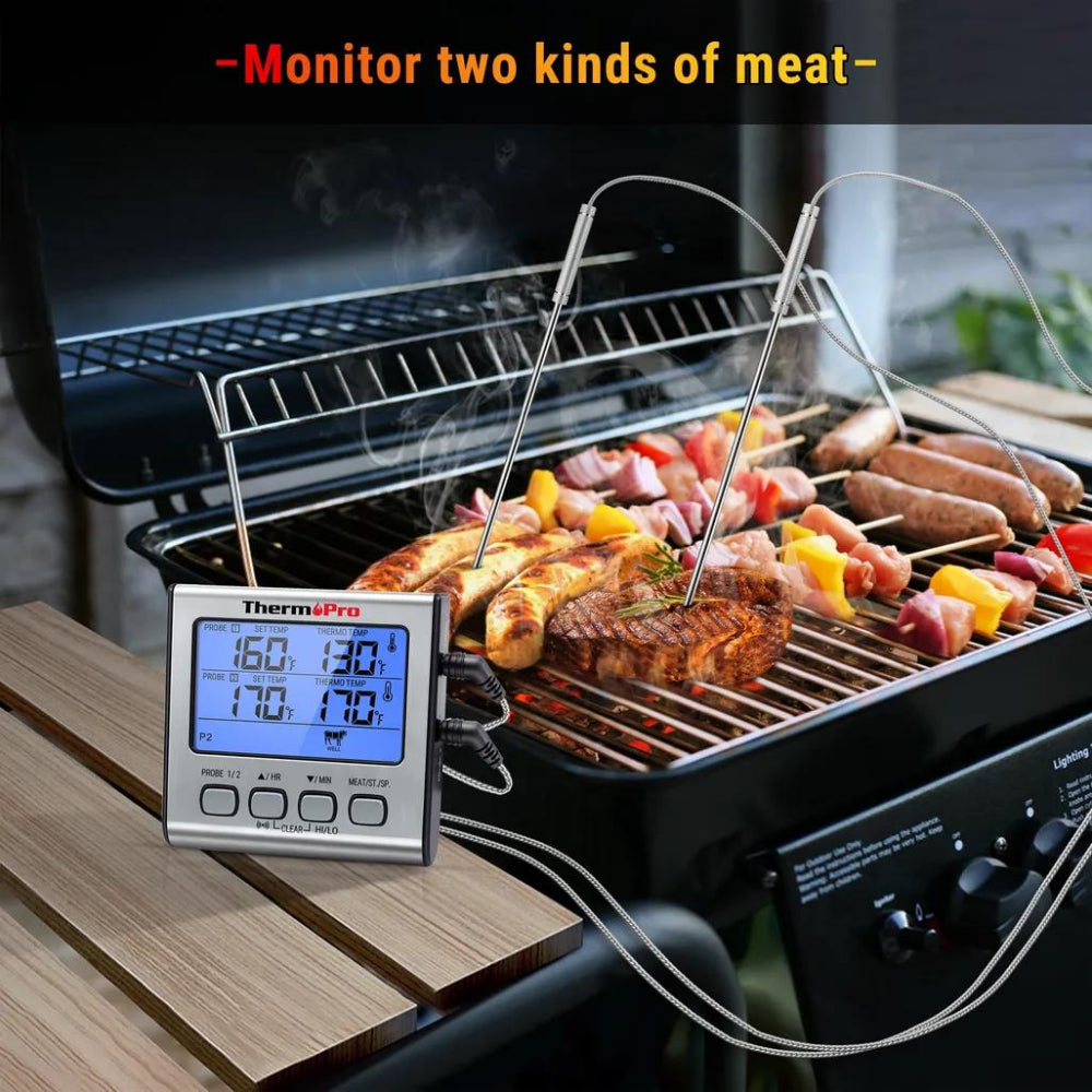 Thermometer probes inserted into various meats on a grill with digital display showing temperature readings.