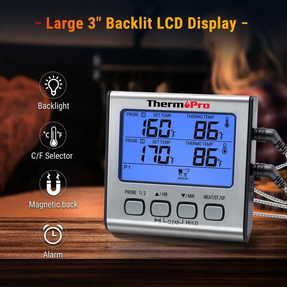Digital thermometer with large 3" backlit LCD display on a wooden surface