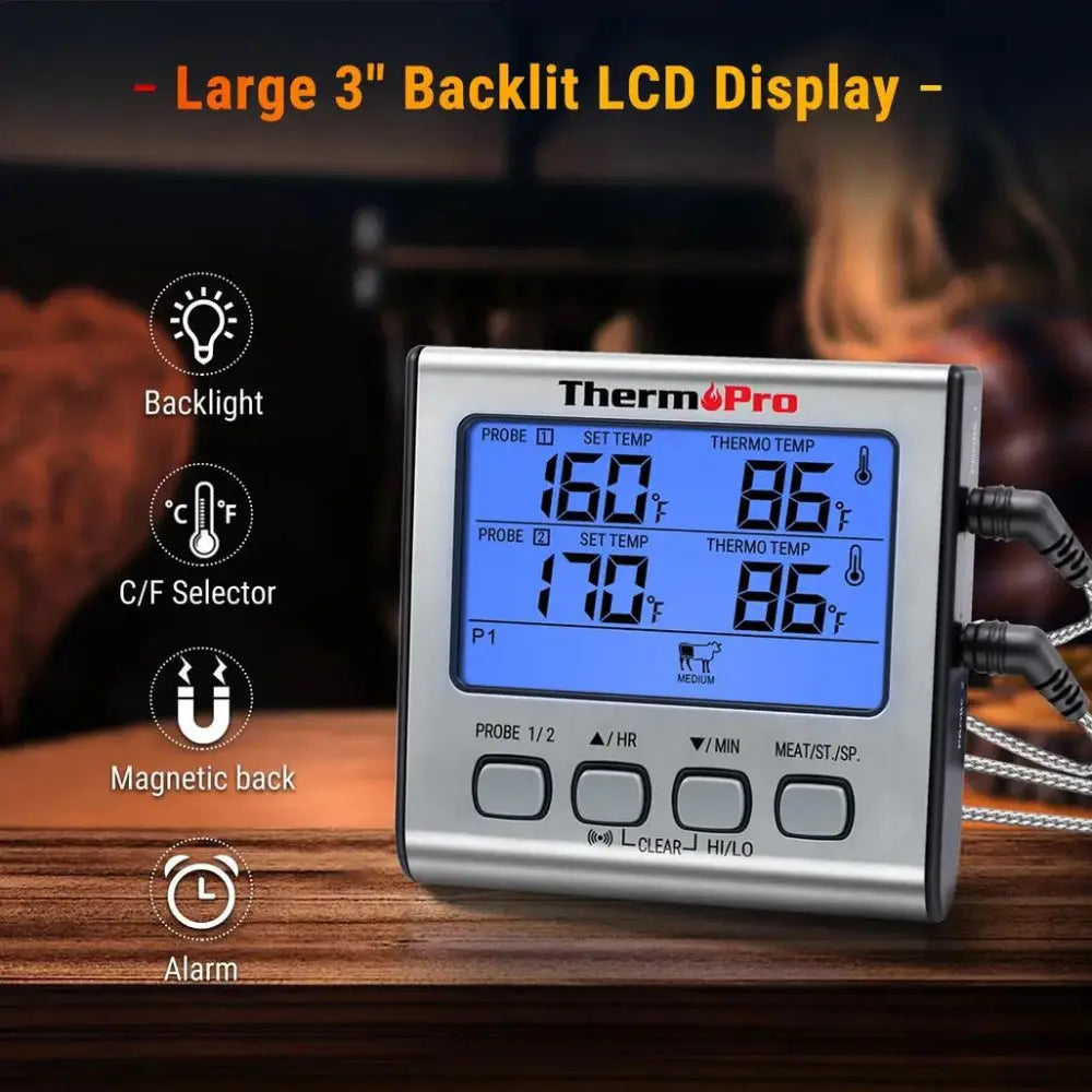 Digital thermometer with large 3" backlit LCD display on a wooden surface