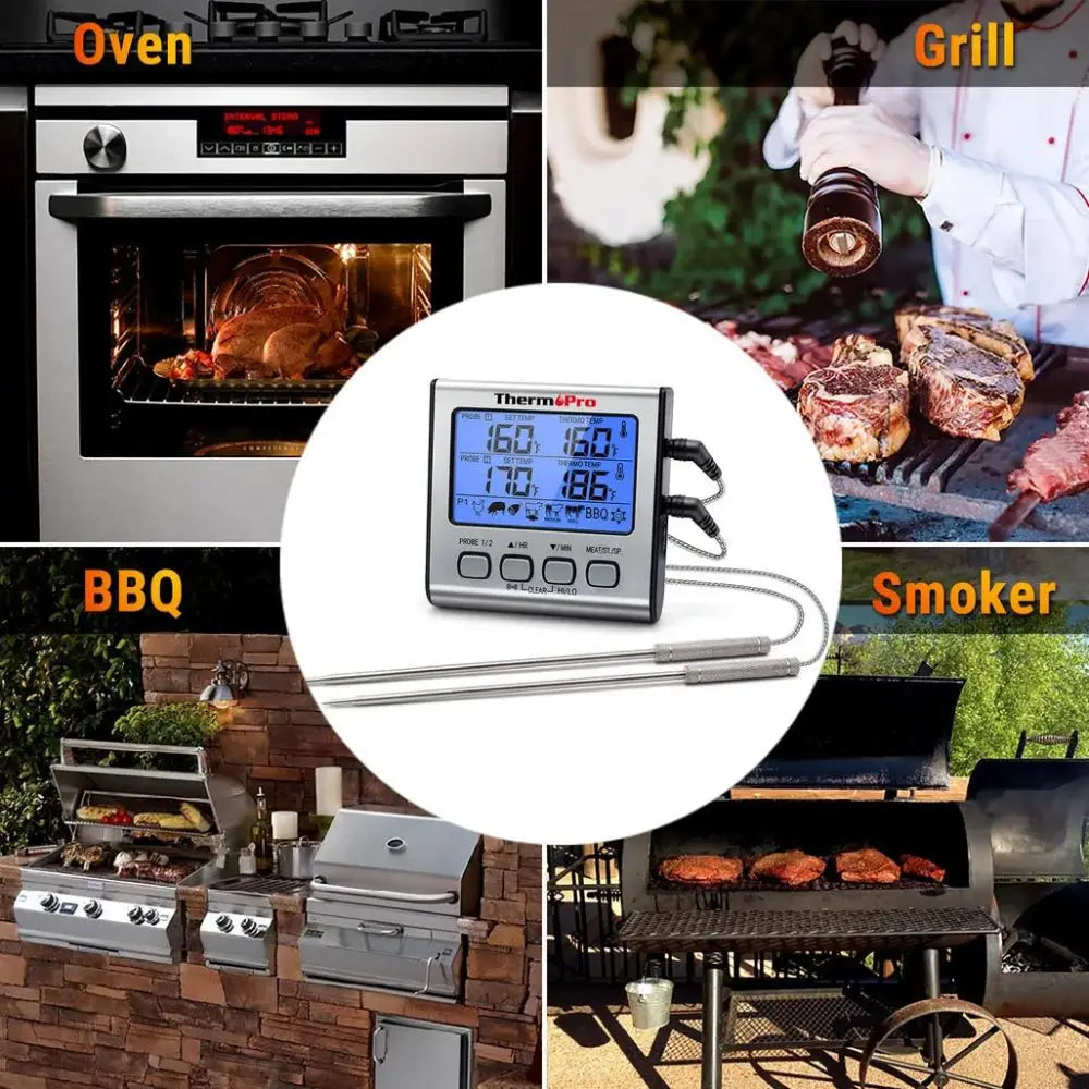 Collage of cooking scenarios with a digital thermometer in the center.
