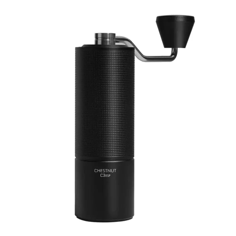 Black coffee grinder with 'Chestnut' branding on a white background