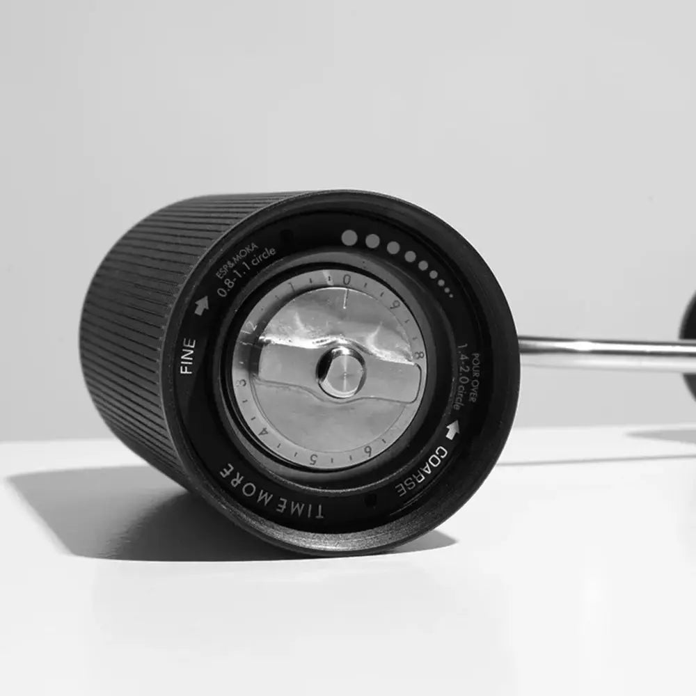 Bottom of grinder with 'Time More' branding on a white background