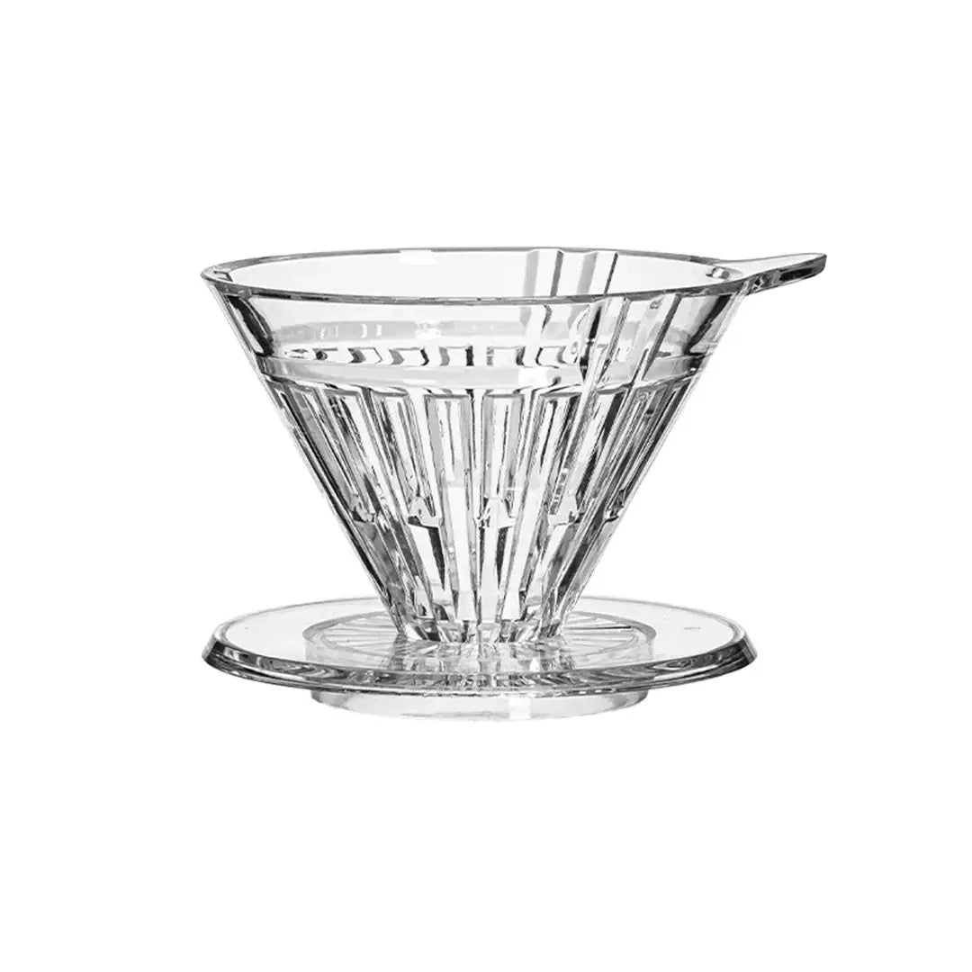 Clear glass coffee dripper on a white background