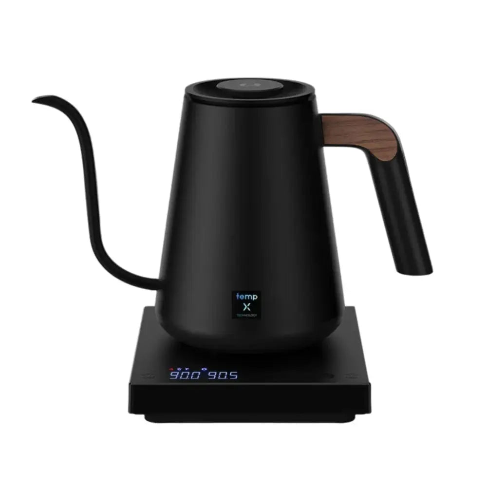 Black electric kettle with wooden handle on a white background