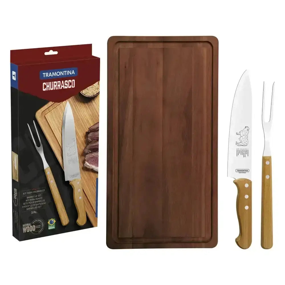 Wooden cutting board with knife and fork, Tramontina packaging on the left
