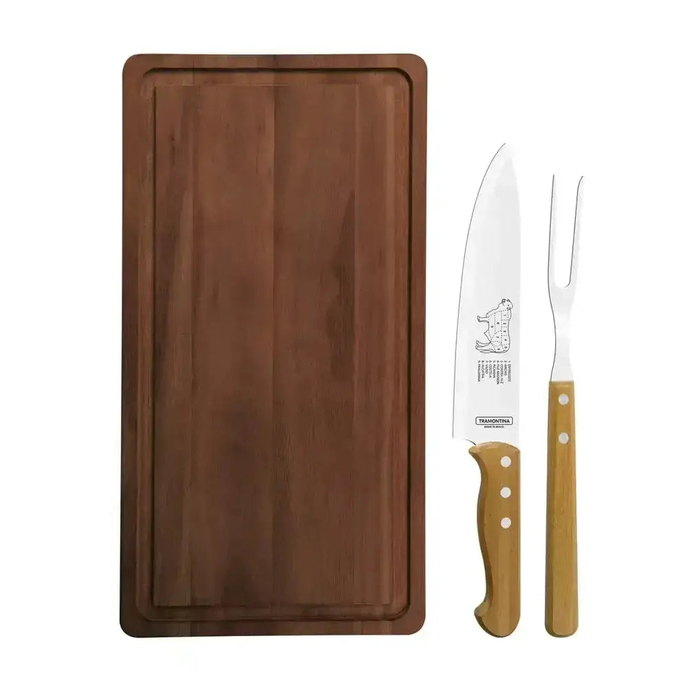 Wooden cutting board with two knives on a white background