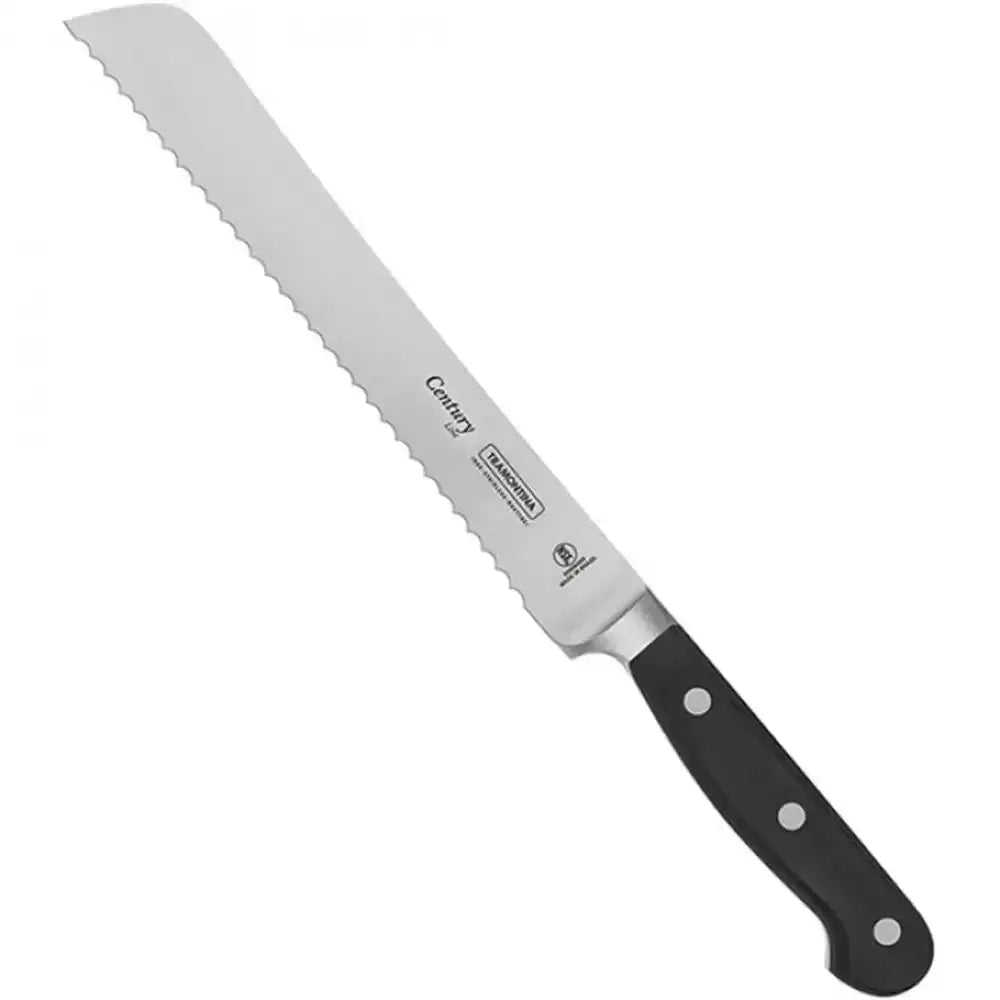 Bread knife with a black handle on a white background