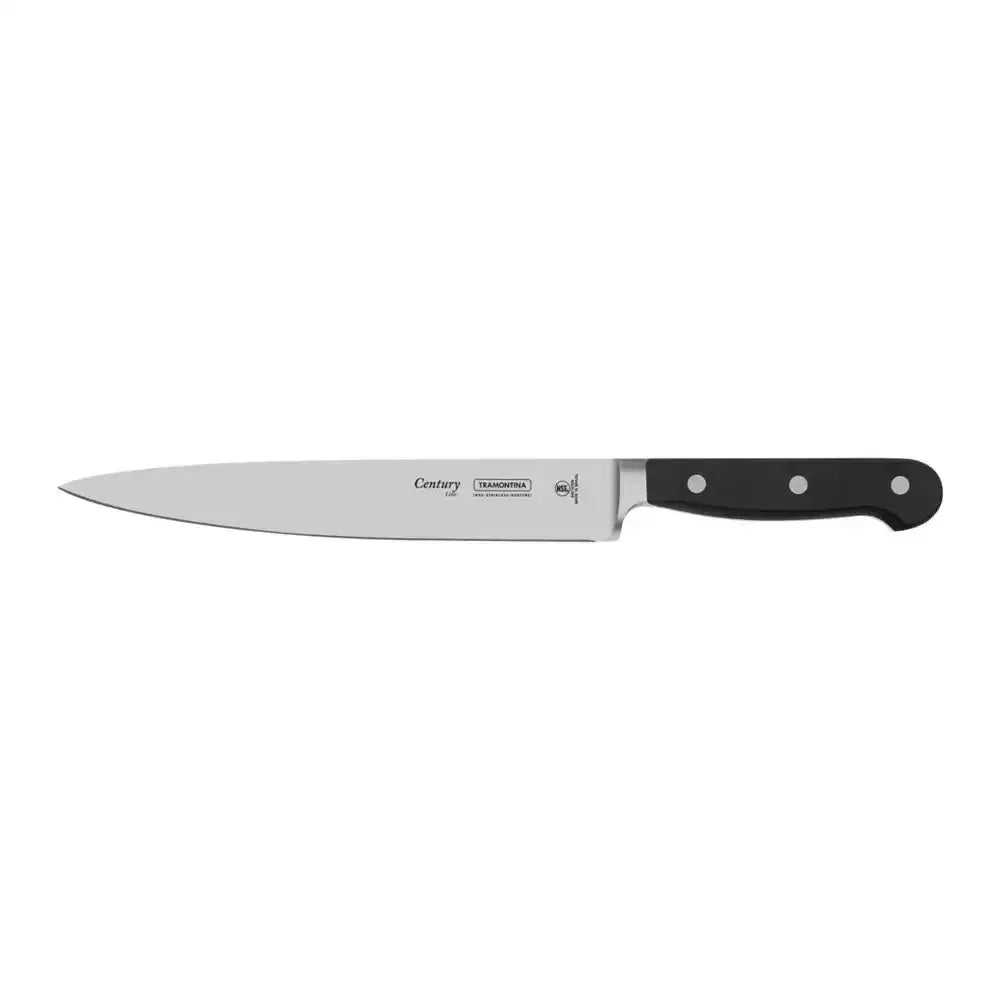 Chef's knife with a black handle on a white background