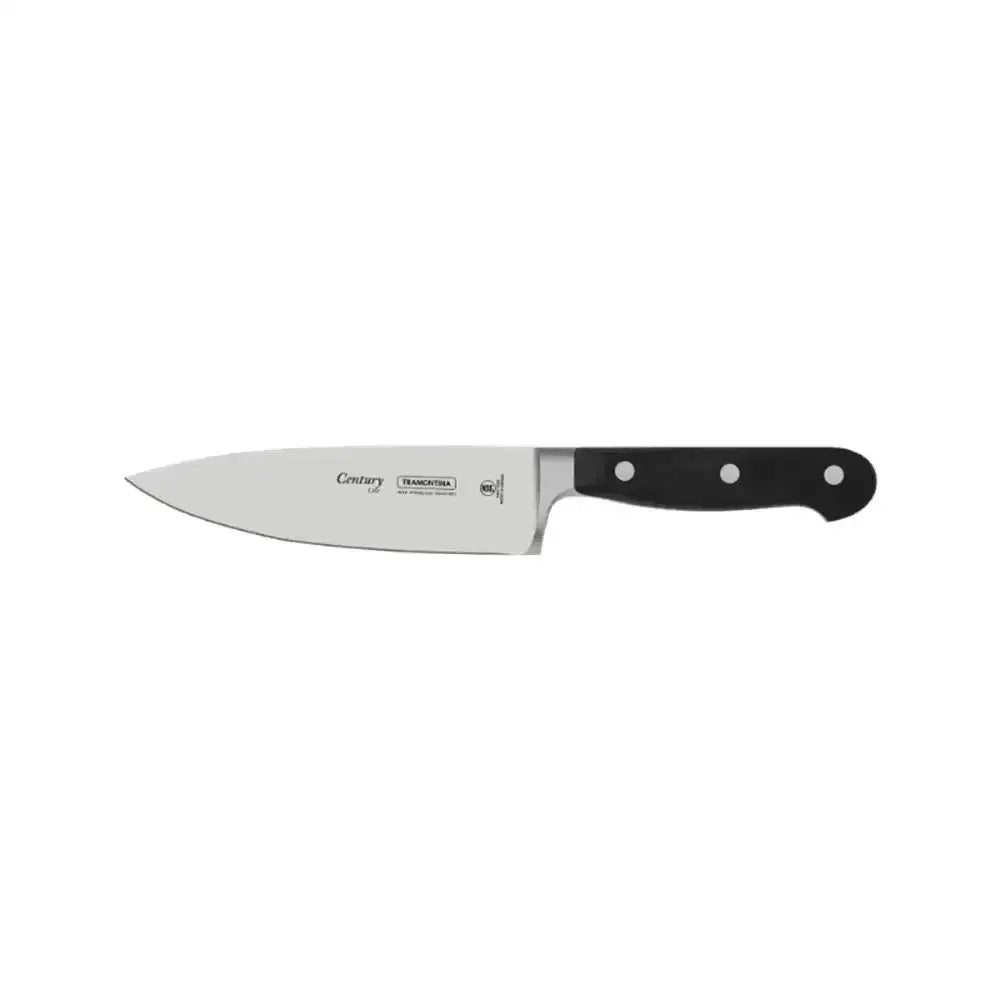 Chef's knife with a black handle on a white background