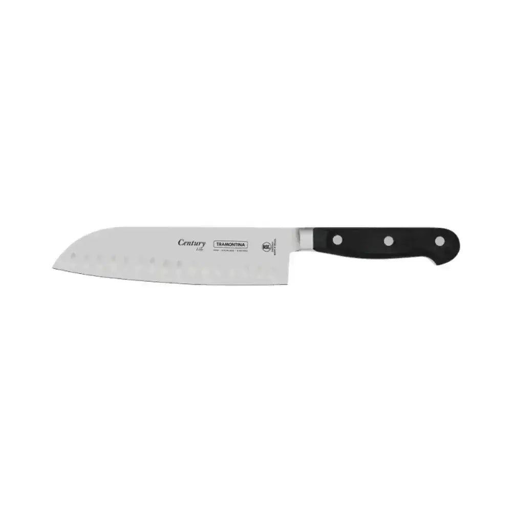 Santoku knife with a black handle on a white background