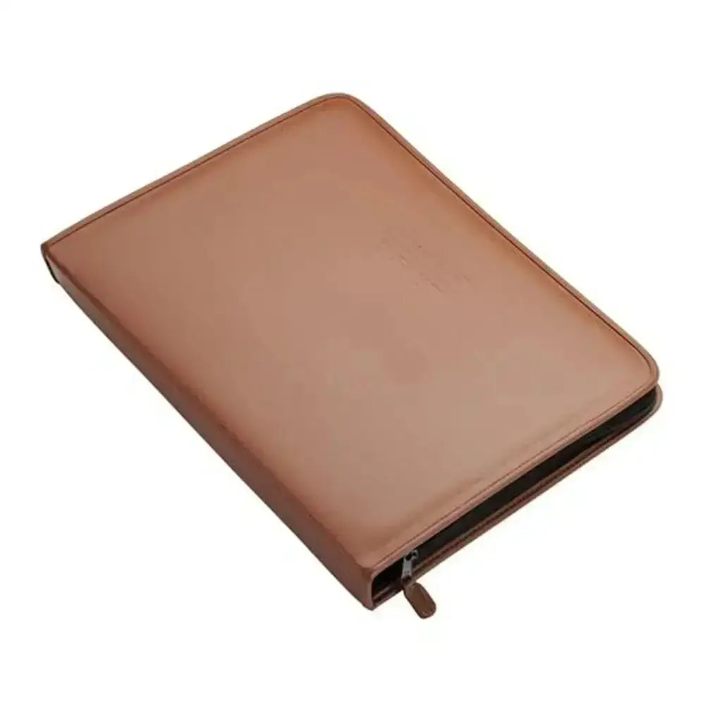 Brown leather zippered folder on a white background