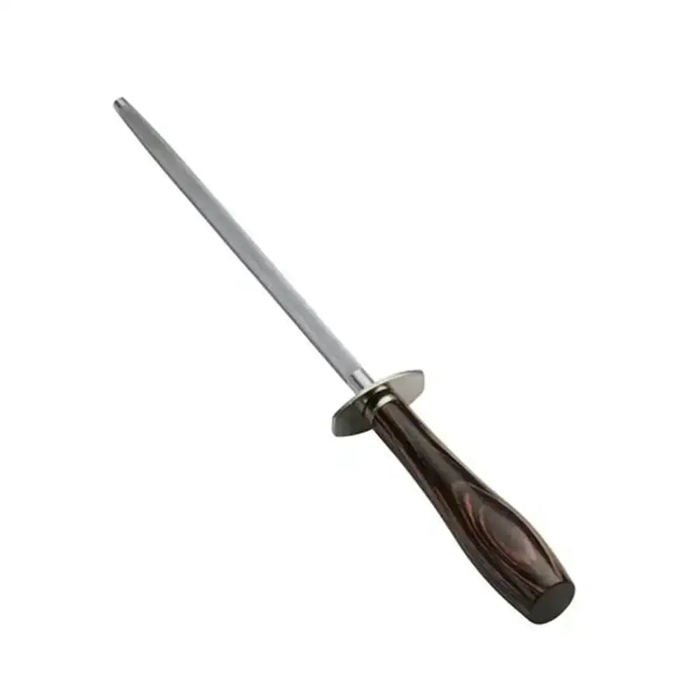 Knife sharpener with a brown handle on a white background