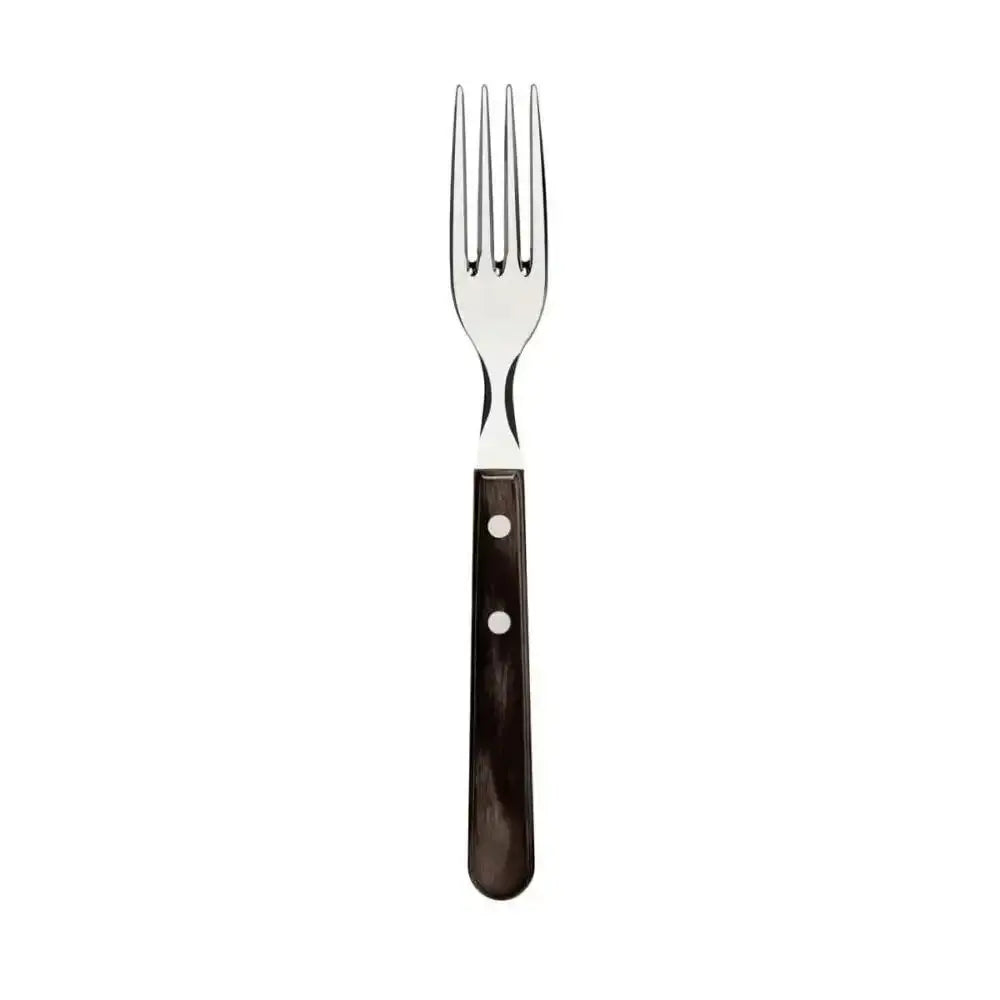 Silver fork with a dark wooden handle on a white background