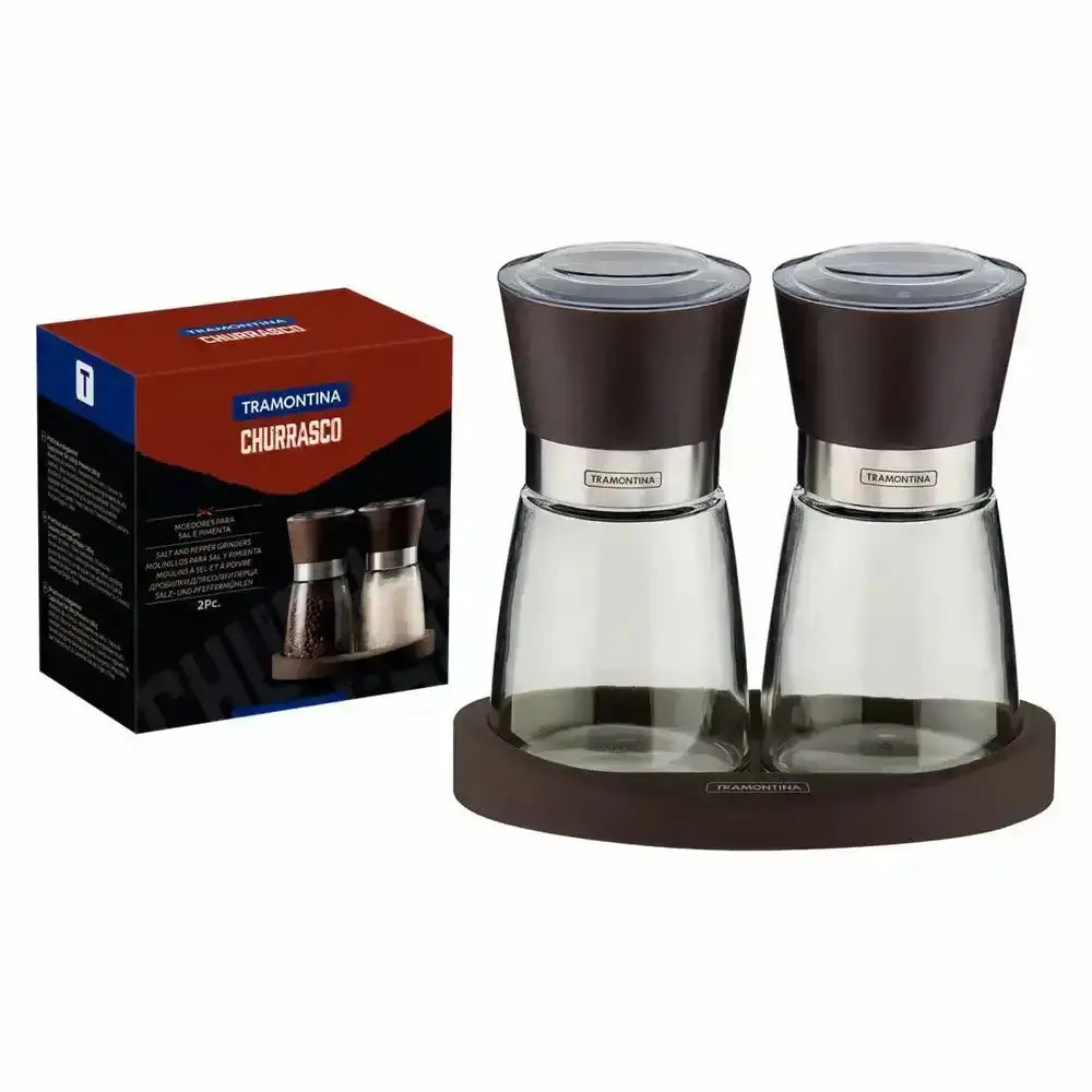 Tramontina Churrasco salt and pepper shakers with packaging on a white background